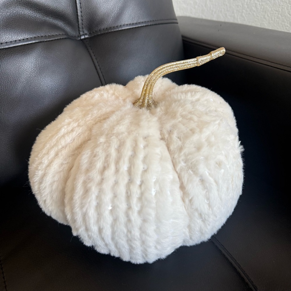 Cupcakes and Cashmere At Home Creme Plush Pillow Pumpkin with Gold Stem
